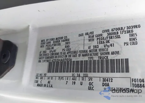 2003 Ford E-150 Commercial from USA, damaged, VIN 1FTRE14253HA07056